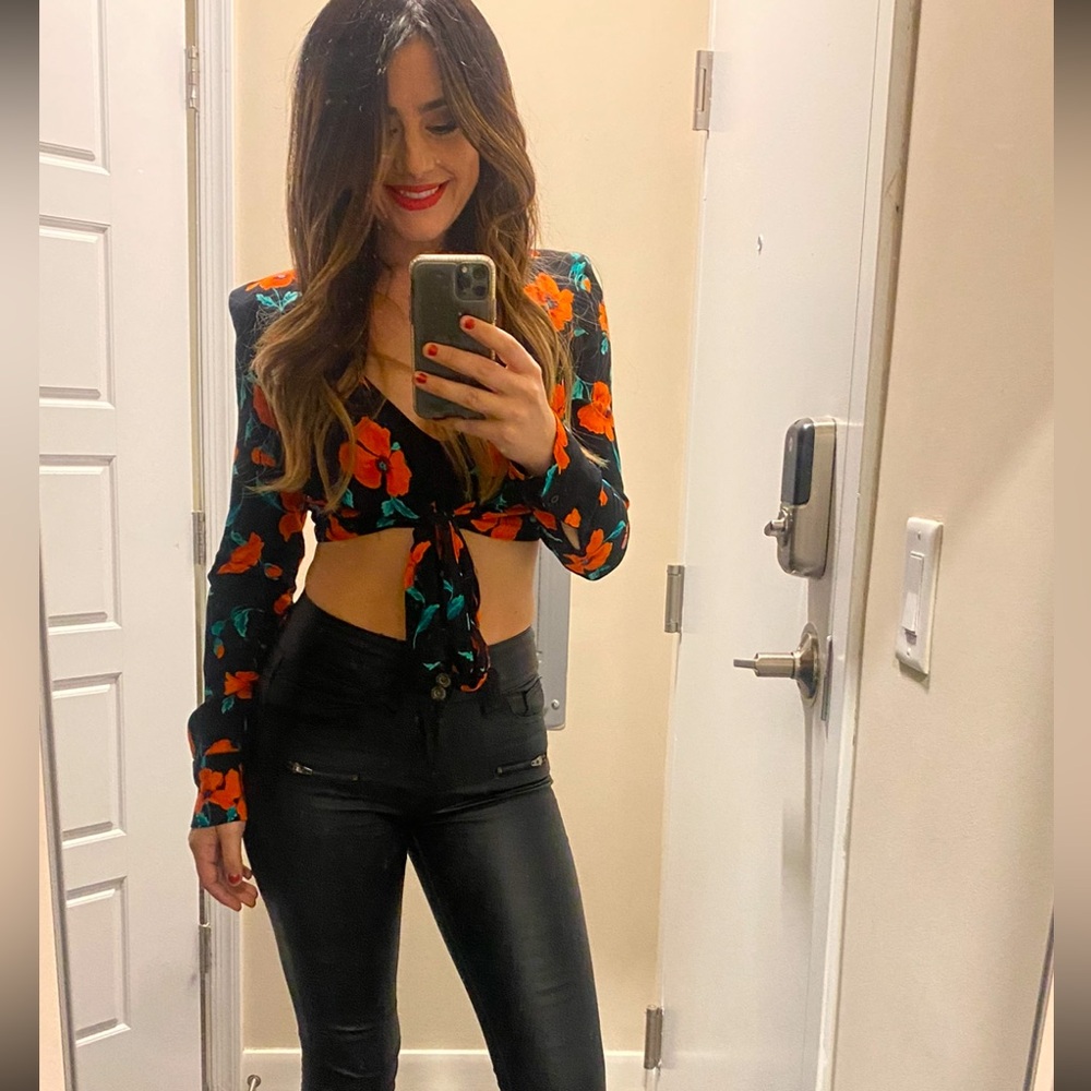 Zara Blue Long Sleeve Crop Blouse with Tie Front